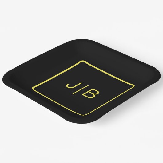 Assiettes En Carton Simple monogramme moderne, noir, jaune personnalis (Angulaire)