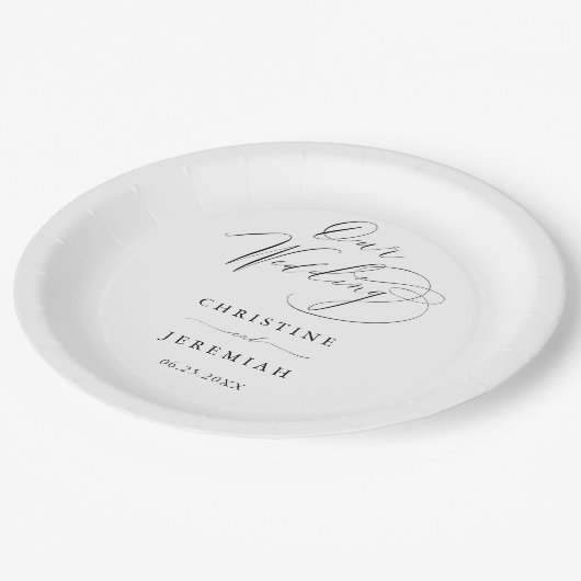 Assiettes En Carton Simple noir blanc Mariage de script moderne (Angle)
