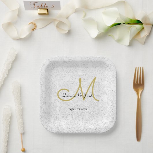 Assiettes En Carton Simple or blanc noir élégant mariage Monogramme (Mariage)