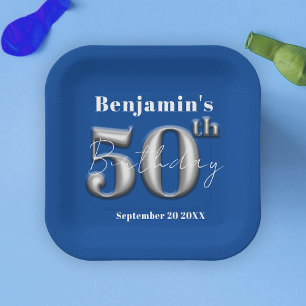 Assiettes En Carton Simple Royal Blue moderne et Silver 50e anniversai