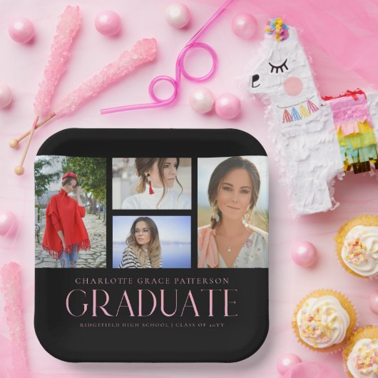 Assiettes En Carton Simple Script Multi Photo Grad Graduation Party (Fête)