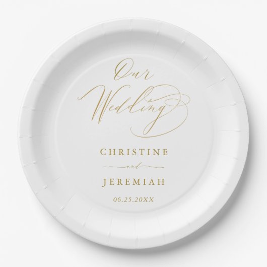 Assiettes En Carton Simple White Gold Modern Script Mariage (Devant)