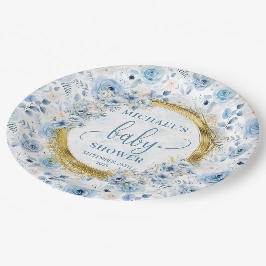 Assiettes En Carton Simples fleurs bleues poussiéreuses or boho aquare (Angle)
