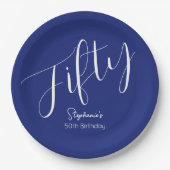Assiettes En Carton Simply Modern Script Marine Blue 50th Birthday (Devant)