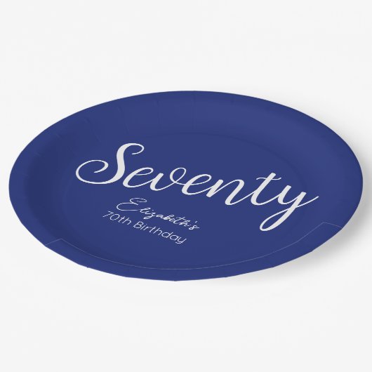 Assiettes En Carton Simply Modern Script Marine Blue 70e anniversaire (Angle)