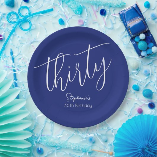 Assiettes En Carton Simply Modern Script Navy Blue 30th Birthday Party (Fête)