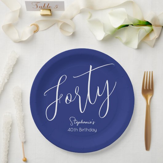 Assiettes En Carton Simply Modern Script Navy Blue 40th Birthday Party (Mariage)