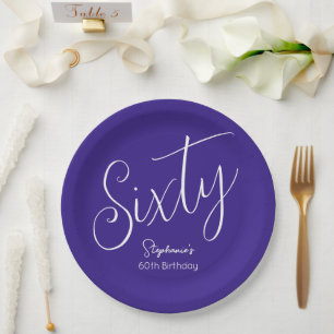 Assiettes En Carton Simply Modern Script Purple 60th Birthday Party