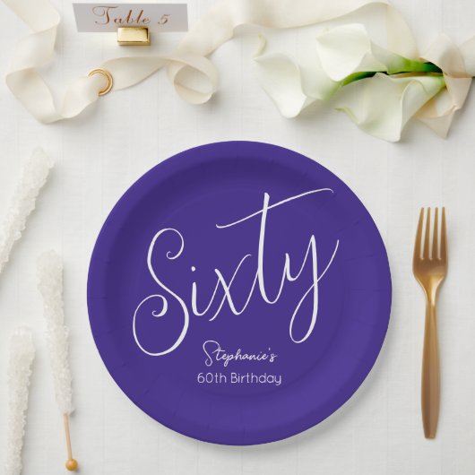 Assiettes En Carton Simply Modern Script Purple 60th Birthday Party (Mariage)