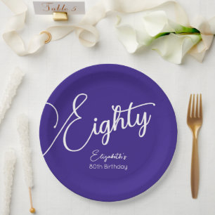 Assiettes En Carton Simply Modern Script Purple 80th Birthday Party
