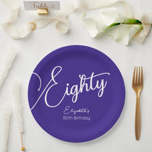 Assiettes En Carton Simply Modern Script Purple 80th Birthday Party (Mariage)