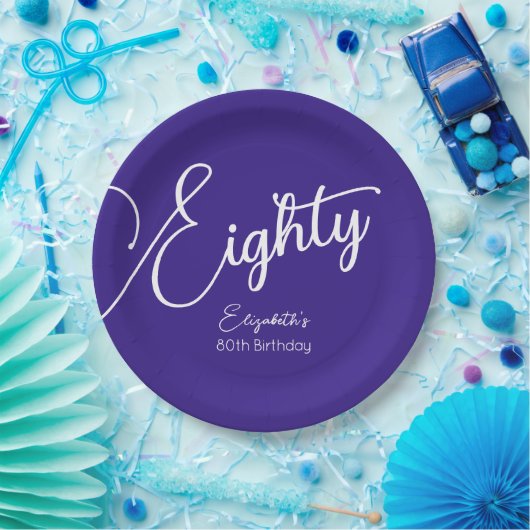 Assiettes En Carton Simply Modern Script Purple 80th Birthday Party (Fête)