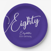 Assiettes En Carton Simply Modern Script Purple 80th Birthday Party (Devant)