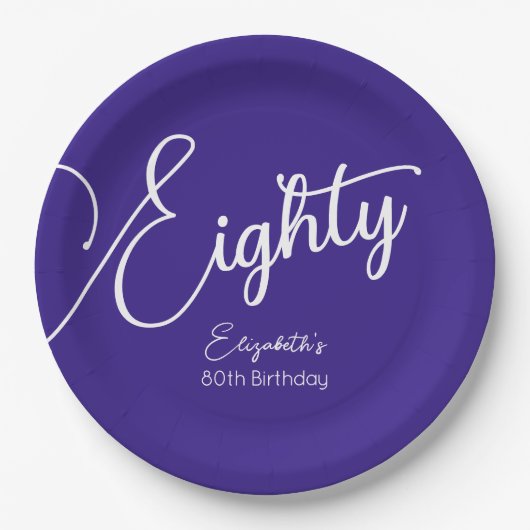 Assiettes En Carton Simply Modern Script Purple 80th Birthday Party (Devant)