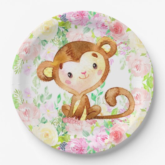 Assiettes En Carton Singe et fleurs fille baby shower plaques de papie (Devant)