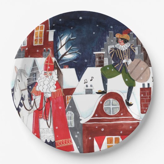 Assiettes En Carton Sinterklaas et Piet sur les toits d'Amsterdam Cl (Devant)