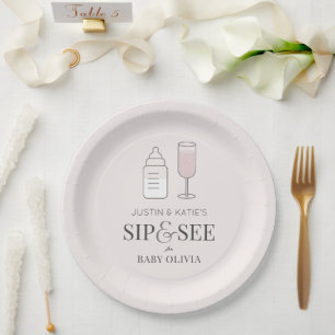Assiettes En Carton Sip & Voir Champagne Bouteille Baby shower rose
