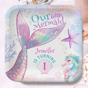 Assiettes En Carton Sirène 1er Anniversaire Sous La Sirène Rose De Mer