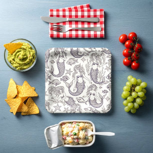 Assiettes En Carton Sirène Bleue Vintage et Motif de Vie Marine