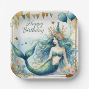 Assiettes En Carton Sirène Élégante Anniversaire Bleu Or Floral