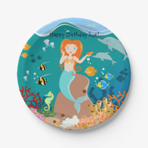 Assiettes En Carton Sirène et dauphins sous la mer fête d'anniversaire