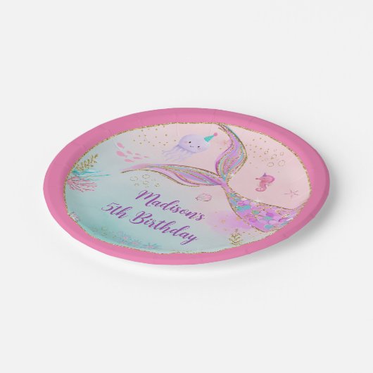 Assiettes En Carton Sirène sous la mer rose violet Anniversaire (Angle)