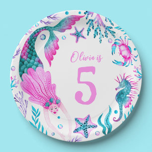 Assiettes En Carton Sirènes d'aquarelle, Coques de mer + Créatures océ