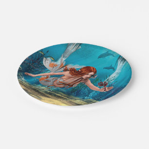 Assiettes En Carton Sirenette aux Cheveux Rouges Art Fantastique Sous-