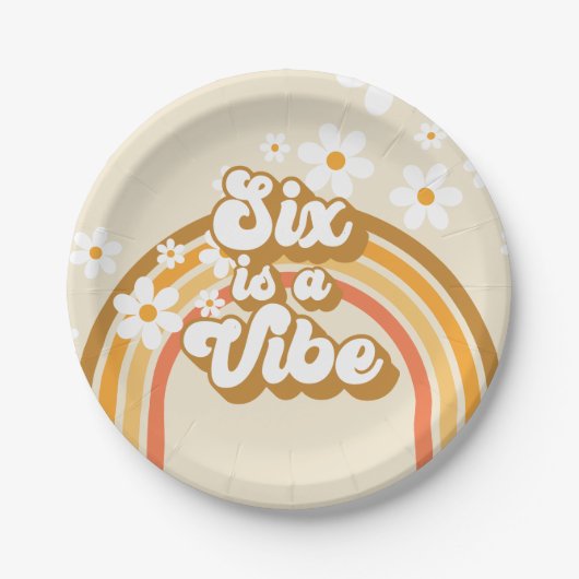 Assiettes En Carton Six est Vibe Retro Rainbow Super 6e anniversaire (Devant)
