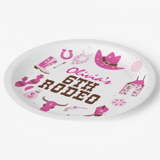 Assiettes En Carton Sixième Rodéo Rose Western Cowboy 6e anniversaire (Angle)