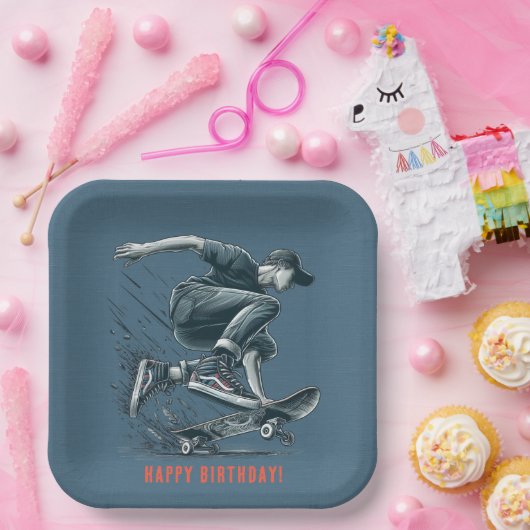 Assiettes En Carton Skateboarder bleu Burnt Orange Joyeux Birthday Boy (Fête)
