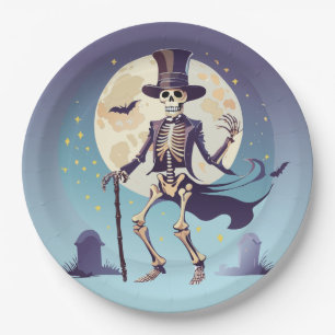 Assiettes En Carton Skeleton Dansant Sous La Lune Halloween