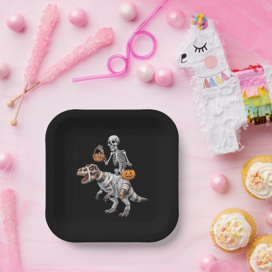 Assiettes En Carton Skeleton équitation maman Dinosaur T rex Halloween (Fête)