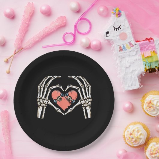 Assiettes En Carton Skeleton Hand Heart Skateboard Valentines Day Funn (Fête)