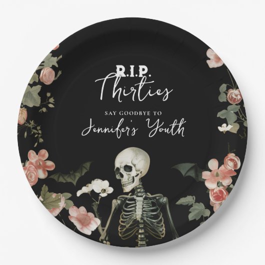 Assiettes En Carton Skeleton Pink Floral RIP 30s 40e Anniversaire (Devant)