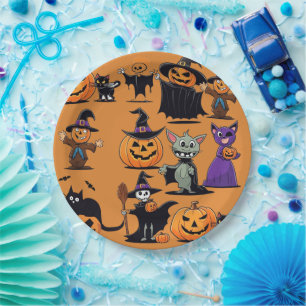 Assiettes En Carton Skeletons de chats noirs citrouilles Plaques de pa