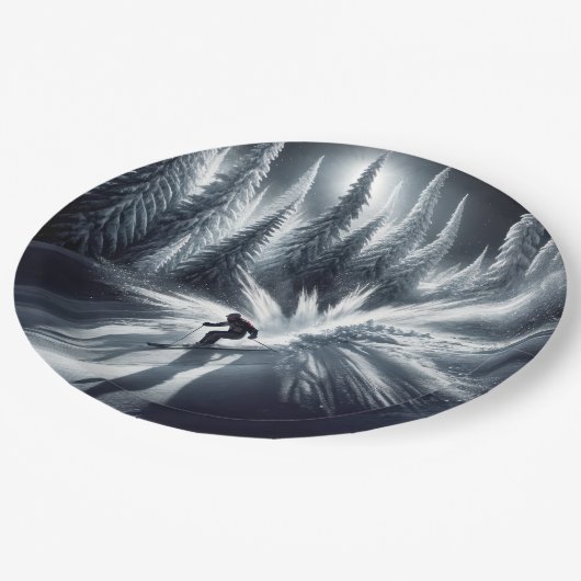 Assiettes En Carton Ski de descente au clair de lune (Angle)