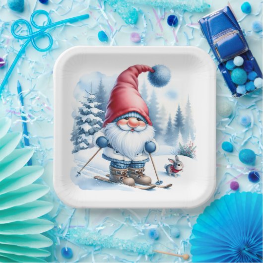 Assiettes En Carton Ski Gnome d'hiver avec un lapin (Fête)