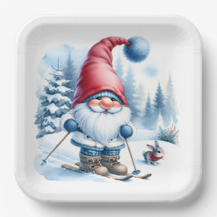 Assiettes En Carton Ski Gnome d'hiver avec un lapin