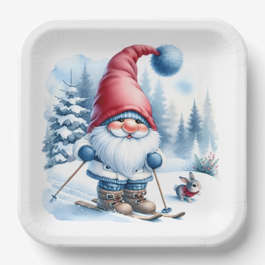 Assiettes En Carton Ski Gnome d'hiver avec un lapin (Recto)
