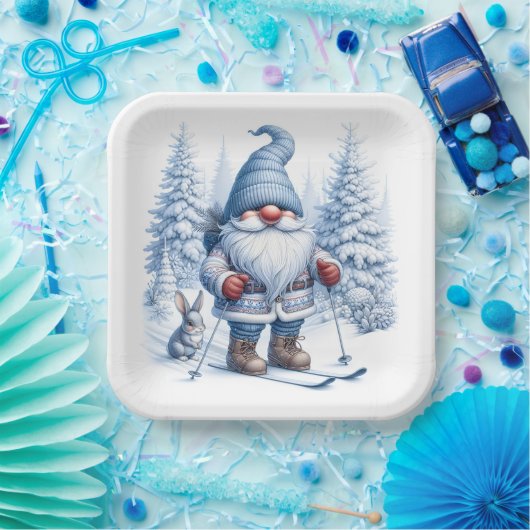 Assiettes En Carton Ski Gnome d'hiver avec un lapin (Fête)