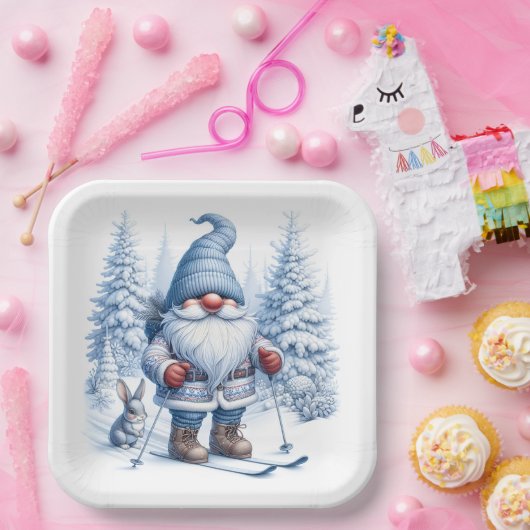Assiettes En Carton Ski Gnome d'hiver avec un lapin (Fête)