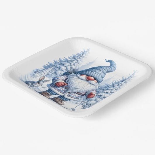 Assiettes En Carton Ski Gnome d'hiver avec un lapin (Angulaire)