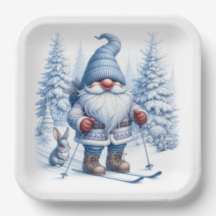 Assiettes En Carton Ski Gnome d'hiver avec un lapin