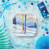 Assiettes En Carton Ski Mountain Watercolor hiver (Fête)