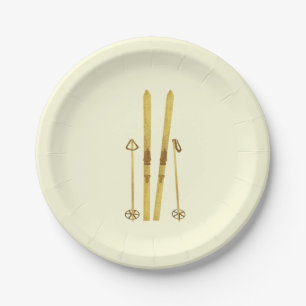 Assiettes En Carton Skis Et Poles D'Or Retro Ski Illustration