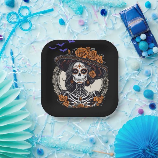 Assiettes En Carton Skulls Day of Dead Catrina Skeleton (Fête)