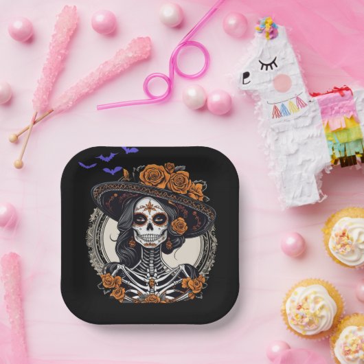 Assiettes En Carton Skulls Day of Dead Catrina Skeleton (Fête)