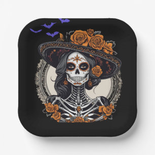 Assiettes En Carton Skulls Day of Dead Catrina Skeleton