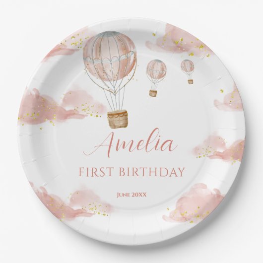 Assiettes En Carton Sky Adventure Pink Hot Air Balloon Premier anniver (Devant)
